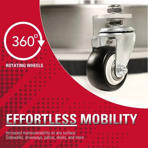 Close-up of 360-degree rotating wheel on Universal 16.5 Inch Pressure Washer Surface Cleaner Stainless Steel For Gas And Electric Cold Water One Quarter Inch Quick Connect Max 4000 PSI Perfect For Driveways Patios And Sidewalks