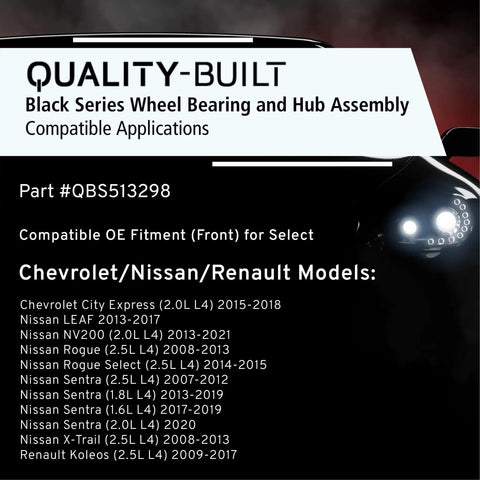 Quality-Built Black Series Wheel Bearing and Hub Assembly compatibility details for Chevrolet, Nissan, and Renault models.