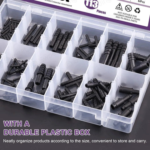 All In One 113 Piece Barbed Vacuum Connector Kit With Tee Connectors Reducers And Straight Hose Fittings For Replacing Vacuum Hoses In Cars Trucks Boats And Home Appliances Swpeet in plastic organizer