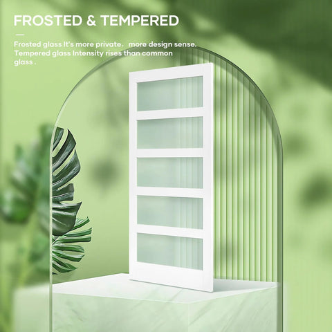 36x84 White Frosted Glass Barn Door With Sliding Hardware Kit Included, PVC Finish, shown upright on a green background