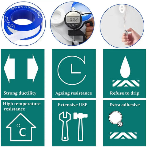 Pro Grade PTFE Plumbing Tape, Teflon Sealant Tape Half Inch By 520 Inches, 5.5 Mil Thickness, features and benefits highlighted