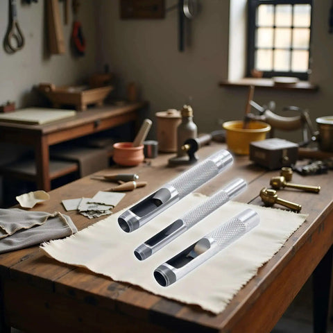 Three Piece Grommet Hole Punch Set With Steel Hollow Punches for leatherworking on a craftsman workbench in a rustic workshop