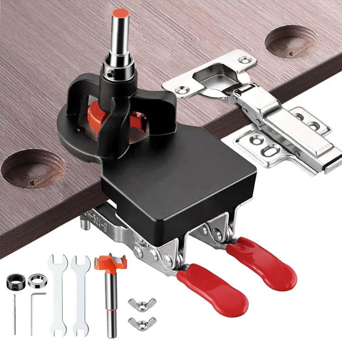 35mm Concealed Door Hinge Jig for Cabinets Pro Grade Aluminum Alloy Guide with Accurate Locking Mechanism shown with tools