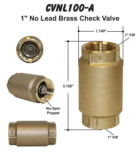 Brass check valve CVNL100, 1-inch no-lead, front view with 1-inch FIP threaded ends.
