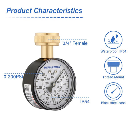 MEASUREMAN water pressure gauge, 0-200 PSI, 2-1/2 inch dial, 3/4 inch female hose thread, black steel case