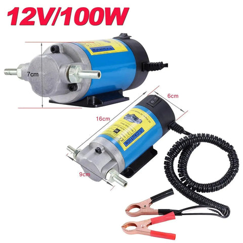 12V 100W Electric Engine Oil Transfer Pump For Oil Change With 3 Hoses, showing motor dimensions and battery clamps