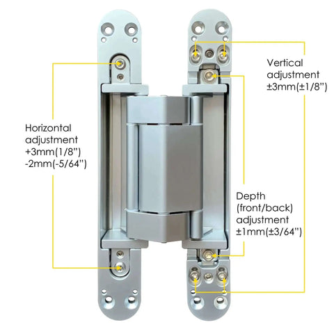 Concealed 3D Adjustable Invisible Hinge Set Of Two Up To 352 Lbs Per Door Satin Chrome For Frameless Doors front view adjustment details