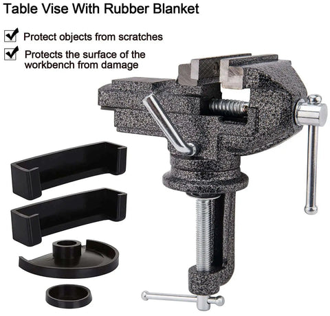 Versatile 3 Inch Universal Table Vise Clamp On Portable Bench Clamp With 360 Degree Swivel Base in black with rubber pads