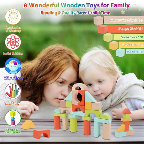 Mother and child playing with Wooden Building Blocks Set For Toddlers Ages 1 To 3, 100 Pcs With Storage Drum And Shape Lid.