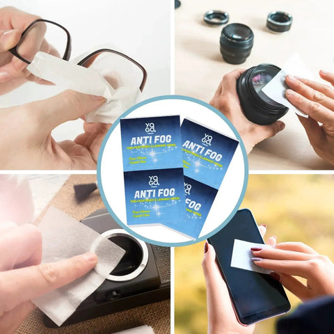 Collage showing Anti Fog Lens Wipes For Glasses And Face Shields Pre Moistened Wipes For Screens being used on glasses, camera lenses, and phone screen.