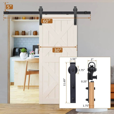 6.6 Ft Sliding Barn Door Hardware Kit For 40 Inch Wide Door Panel With I Shape Hangers Black Finish, installed on wood door