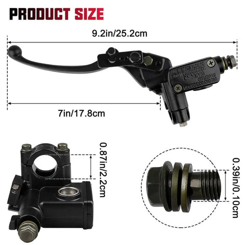 Left Hand Hydraulic Brake Master Cylinder Lever Pump For ATV Dirt Bike Quad And Moped Fits 50Cc 70Cc 90Cc 110Cc 125Cc 150Cc 200Cc 250Cc 4 Stroke GY6 Engines Universal Fit For Taotao Roketa Sunl Kazuma Hensim Jonway Znen with size dimensions shown