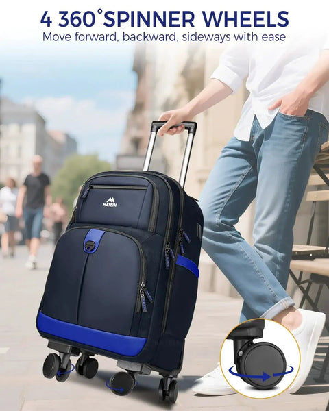 Person pulling dark blue four wheel rolling backpack with USB charging port and water-resistant 17 inch laptop roller bag