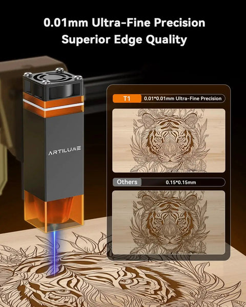 Foldable 7W Laser Engraver With 0.01mm Precision engraving tiger design on wood, showing precision comparison chart.