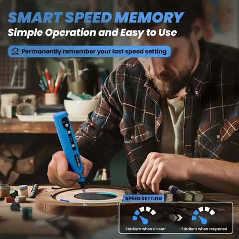 Person using Cordless Rotary Tool Kit With 69 Accessories 3.7V Mini Power Drill Type C Charging 5 Variable Speeds on woodwork