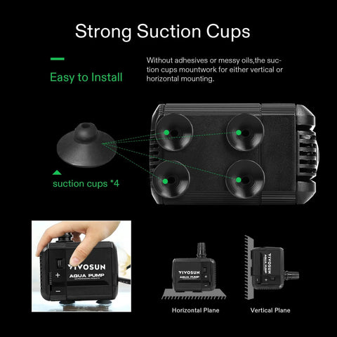 VIVOSUN 210GPH black submersible pump with four suction cups for fish tanks, ponds, aquariums; 8W, 800 L/h, 5 ft cord