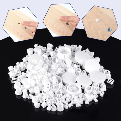 Six Sizes White Plastic Hole Plugs Set For Panels And Cabinets Round Knockout Locking Hole Covers Fits Drill Holes In One Quarter Inch One Inch Three Sixteenths Inch Five Sixteenths Inch Three Eighths Inch And One Half Inch 135 Pieces displayed on a black surface with installation examples.