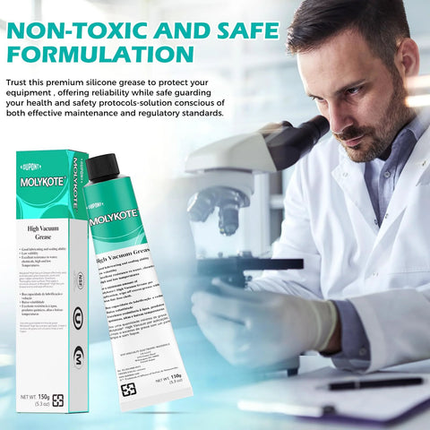Pro Grade High Vacuum Silicone Grease 150g Tube For Vacuum And Pressure Systems Rubber Elastomer Lubrication Valves Seals O Rings Water And Chemical Resistant Wide Temperature Range Nonmelting NLGI 3-4 with a laboratory microscope and scientist examining samples in the background.