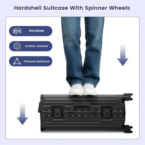 Person standing on black 20 Inch Carry On Luggage With Aluminum Frame Zipperless Hard Shell And Spinner Wheels for durability test