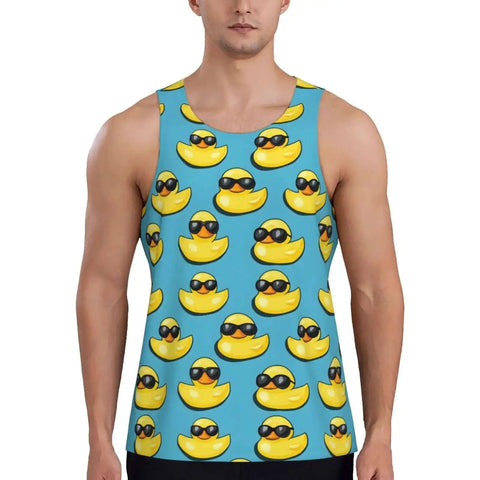 Front view of Quick Dry Men's Tank Top With Cool Duck Sunglasses Print Sleeveless Muscle Tee For Running And Workouts Breathable Pique Fabric