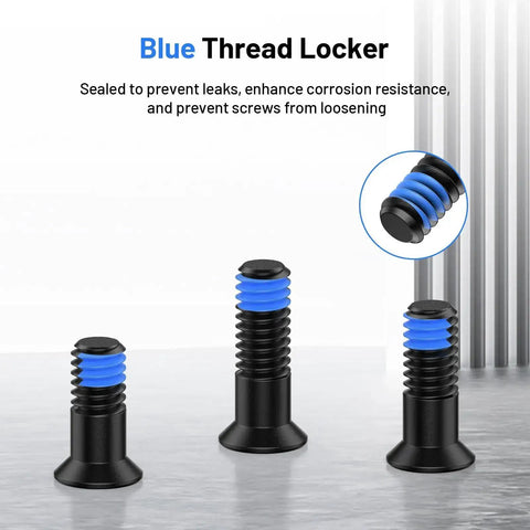 Three screws with blue thread locker, part of the Red Dot Sight Screw Kit For M4 Mounts, 9 Pieces, 6Mm Diameter With 9.8Mm 11.3Mm And 12.8Mm Lengths