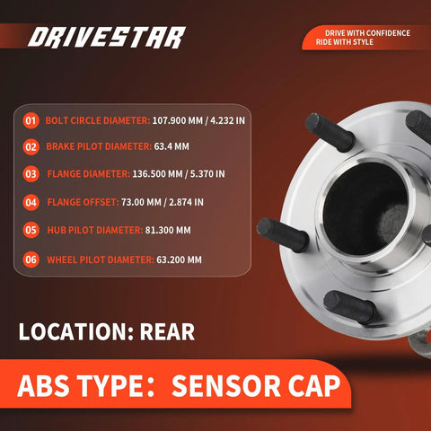 Rear Left And Right Wheel Hub And Bearing Assembly Pair For Ford C Max Escape And Lincoln MKC With 5 Lug FWD Without Parking Assist Fits 2013 2019 Escape 2013 2018 C Max 2015 2019 Lincoln MKC close-up view with dimensions and ABS sensor cap