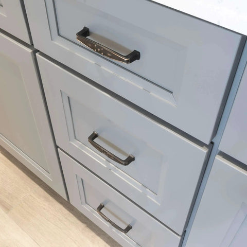 Solid Zinc Alloy Cabinet Pull Handle With Traditional Classic Design In Oil Rubbed Bronze, 4.25 Inch Overall Length, installed on cabinets