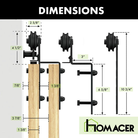 Dimensions of Black Rustic Single Track Bypass Sliding Barn Door Hardware Kit for Double Doors Fits 40-Inch By 84-Inch Openings.
