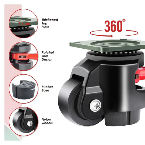 Heavy Duty Leveling Casters For Workbenches And Machinery, 4 Pack, 2200 Lbs Capacity with 360 Degree Swivel, Black Fizar, close-up view