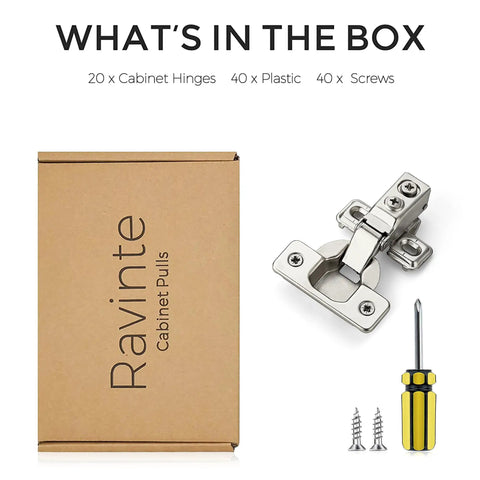20 Pack 10 Pairs Half Inch Overlay Brushed Nickel Short Arm Kitchen Cabinet Hinges With Soft Close 105 Degree Concealed Hinges Includes Screwdriver And Mounting Screws For Face Frame Doors Ravinte shown with packaging, hinge, screwdriver, and screws.
