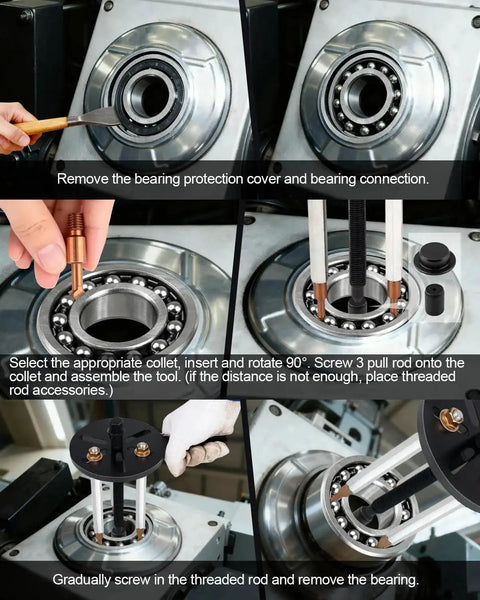 Usage demonstration of 21 In 1 Bearing Puller Kit With Curved Hook And Red Steel Collet showing removal and assembly process in machinery.