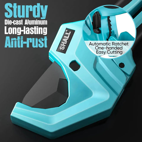 Heavy Duty Aluminum PVC Pipe Cutter Ratchet Tool With SK5 Blade Cuts Up To Two And A Half Inches Works On PVC PPR PE PEX Plastic Hoses And Pipes Teflon Coated Edge For A Cleaner Cut Built Tough Plumbing Upgrade