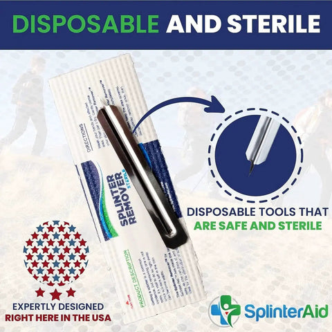 Painless Splinter Removal Kit By SplinterAid For Quick, Easy Splinter Removal 30 Pack packaging with tool illustration, highlighting safe and sterile use.