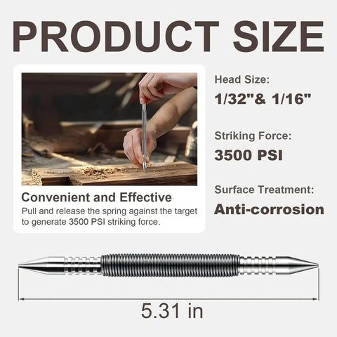 Dual Head Nail Setter With Spring Loaded One Thirty Second Inch And One Sixteenth Inch Sizes Hammerless Nail Punch Tool For Metal Or Wood 3500 PSI Counter Punch, showing product size and features.
