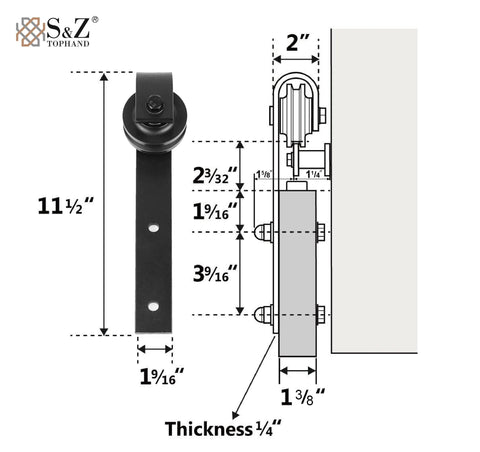 Diagram of Adjustable 8 To 17 Feet Double Gate Sliding Barn Door Hardware Kit with Track 12 Inch Handles dimensions and components.