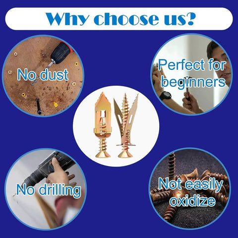 Self-Drilling Drywall Anchors With Screws Kit, 100 Pcs Heavy-Duty Zinc Plated Steel Anchors, features and benefits overview.
