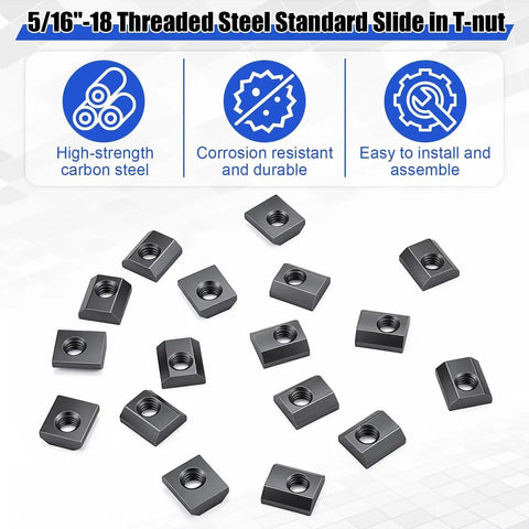 Bulk pack of 100 slide in T Nuts 15 series five sixteenths by eighteen UNC threaded steel T nuts for aluminum extrusion