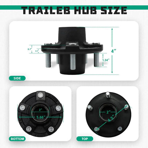 Two Pack Heavy Duty Trailer Hub Bearing Kit 5x4.5 5 Lug Fits 1 In And 1-1/16 In Straight Spindles Not For Tapered Spindles 2000 Lb Capacity Boat Trailer Axle Hub Kit With Two Hubs, side and top view showing measurements.