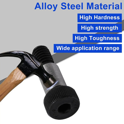 Six Pack Alloy Steel Hex Socket Shoulder Screws With Five Sixteenth Inch Shoulder Diameter And Three Quarter Inch Shoulder Length And One Quarter Inch Twenty UNC Thread Durable High Strength Hardware For Machinery And Robotic Assembly shown with hammer.