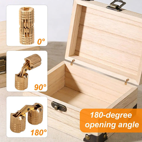 Image of open wooden box with Eight Pack 8mm Hidden Brass Barrel Hinges With Drill Bit For Jewelry Boxes, 180 degree opening