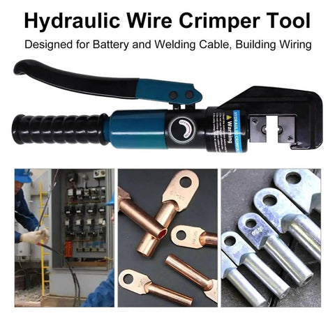 Beefy 10 Ton Hydraulic Crimping Tool with eight dies and cable lugs for 4-70mm stainless steel cable terminals