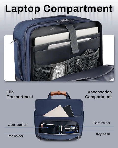 Rolling Laptop Bag For Men And Women 16 Inch Waterproof Wheeled Briefcase with file and accessories compartments open.