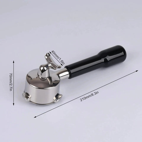 54mm portafilter with chrome head and black ABS handle; side view, double spout, Breville Bambino Plus/Infuser compatible.