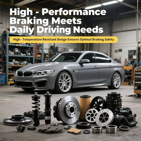 High-performance braking components displayed in a workshop with a parked car, showcasing daily driving suitability.