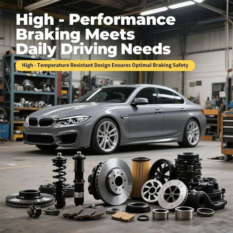 Silver sedan in garage with high-performance brake parts, including rotors and calipers, displayed in front