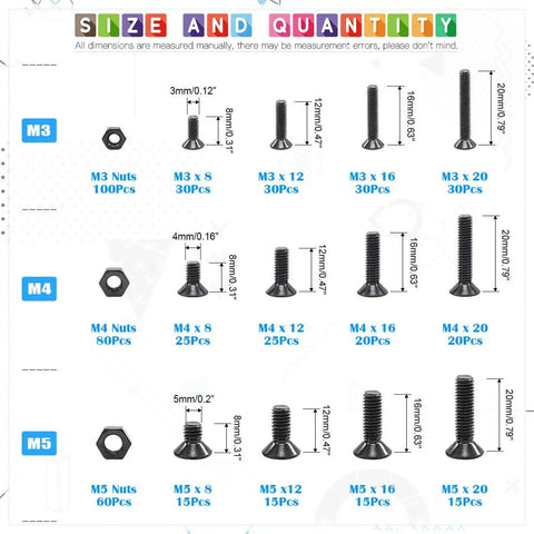 510 Piece Metric M3 M4 M5 Alloy Steel Socket Cap Screws And Nuts Kit With Hex Head Flat Head Bolts Black Oxide Finish Details