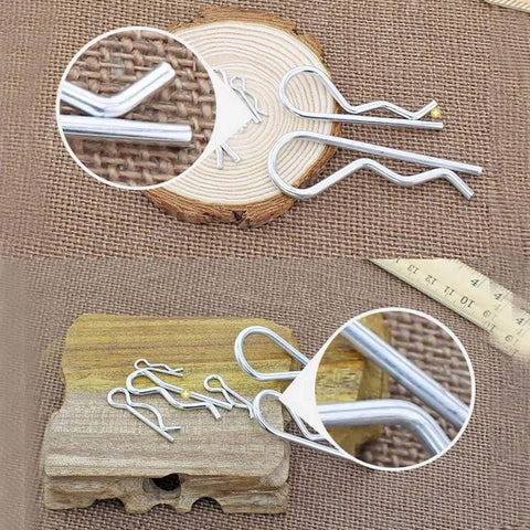 20 Piece Cotter Pins And R Clips Assortment Kit For Machinery And Farm Equipment Heavy Duty Zinc Plated Hairpin Pins on wood surface