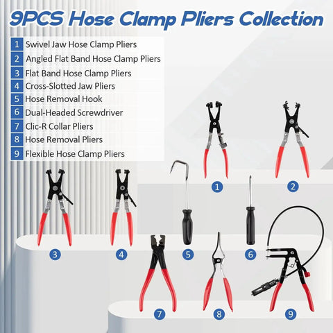 Nine Piece Hose Clamp Pliers Set For Automotive Clamp Removal And Replacement displayed on shelf.