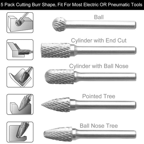 Image of a 5-piece cutting burr set including ball, cylinder with end cut, cylinder with ball nose, pointed tree, and ball nose tree.