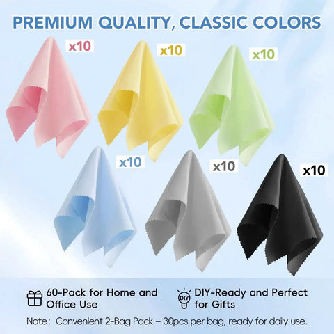 Set of colorful Premium Microfiber Cleaning Cloths For Glasses Screens Cameras Phones 6x7 Inches in blue, pink, yellow, and more.
